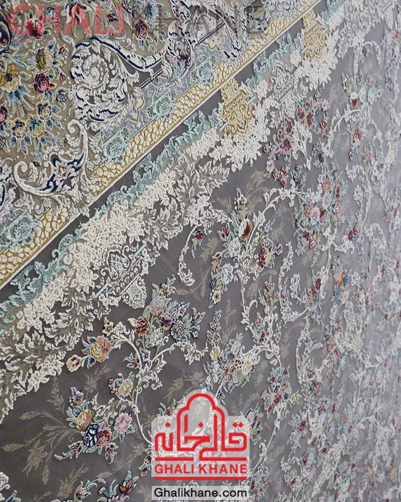فرش مشهد کد 813012 طوسی گل برجسته