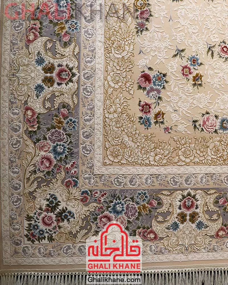 فرش ایده آل طرح ارغوان کرم گل برجسته