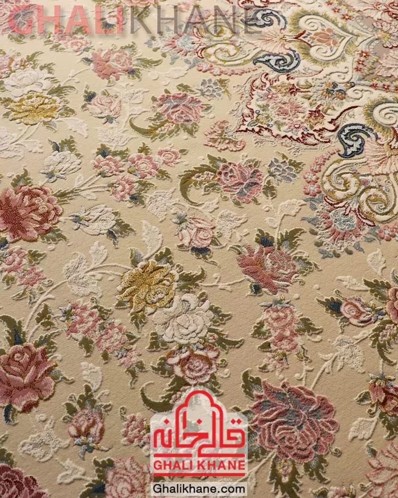 فرش ایده آل طرح گلسار کرم جدید