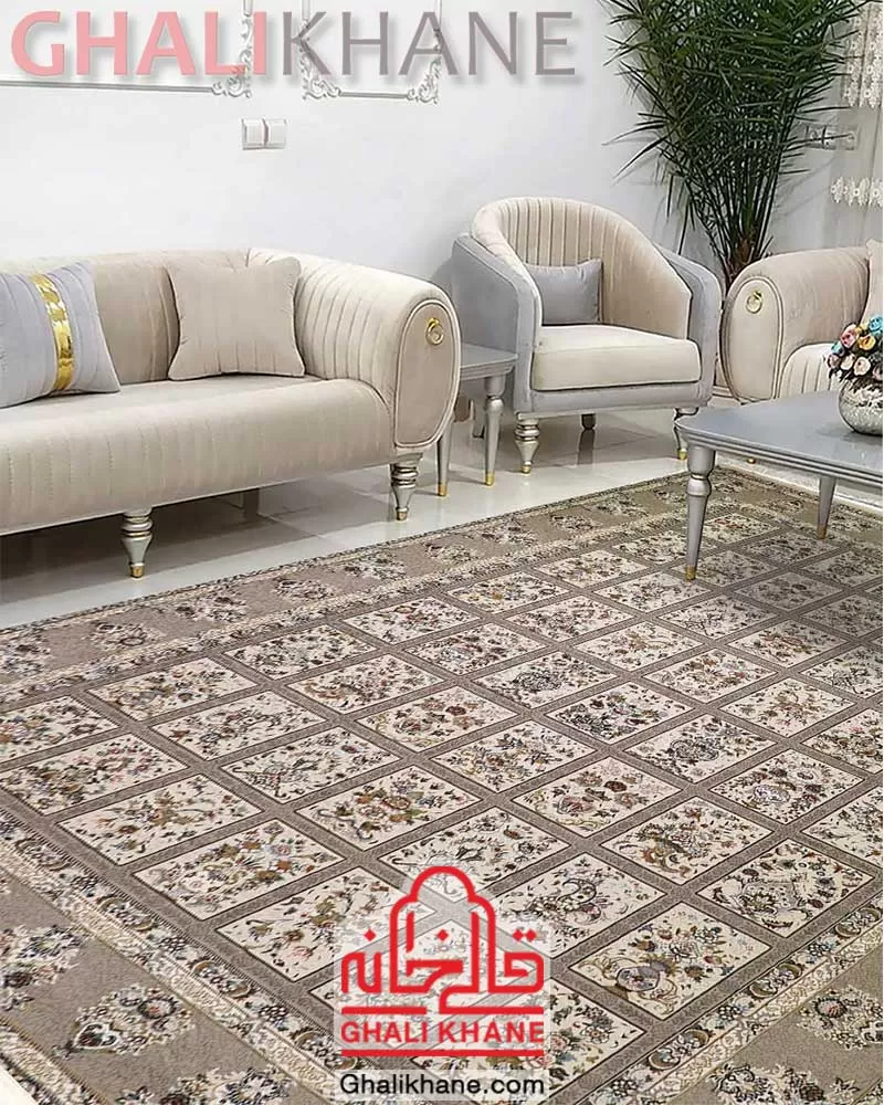 فرش زمرد مشهد 700 شانه طرح خشتی گل برجسته کرم