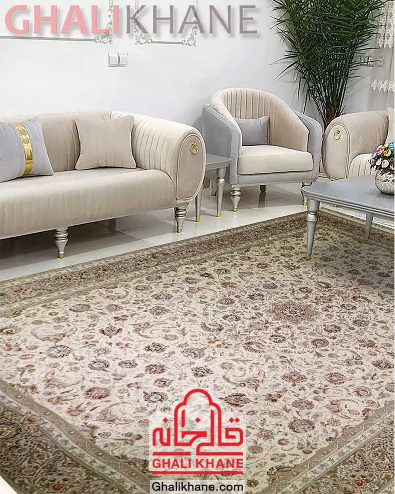 فرش زمرد مشهد 1200 شانه گل برجسته کد 37003 کرم