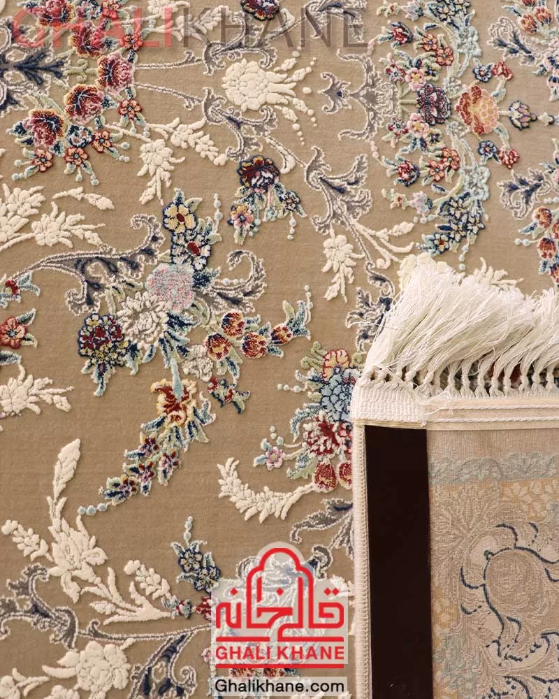 فرش مشهد 1500 شانه گل برجسته بژ کد 813012