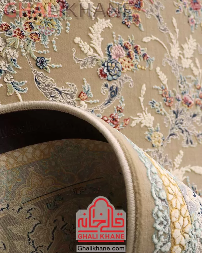 فرش مشهد 1500 شانه گل برجسته بژ کد 813012