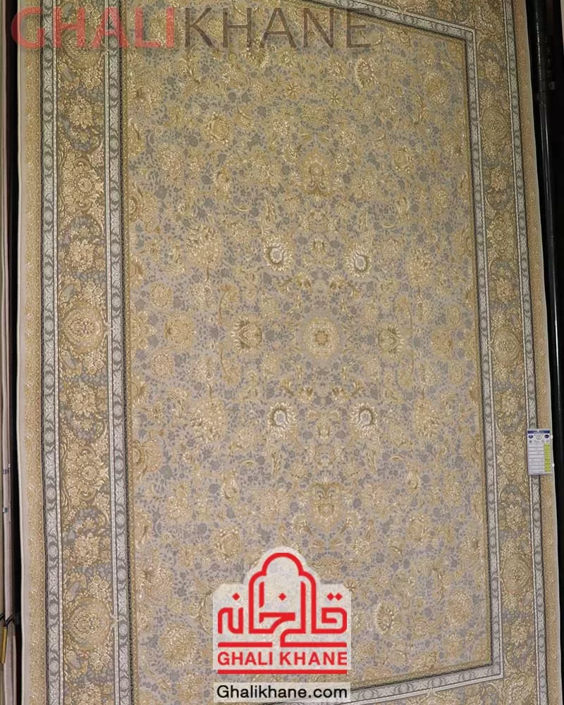 فرش مشهد 1200 شانه افشان طلاکوب کد 802097 نقره ای