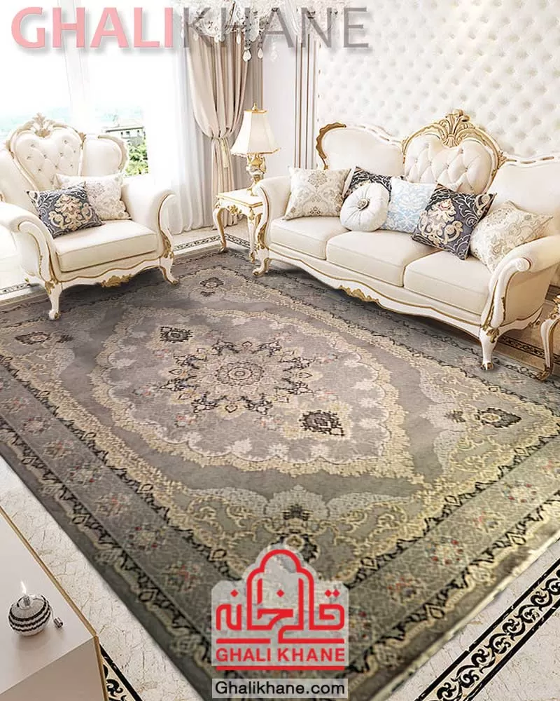 فرش زمرد مشهد 700 شانه طلاکوب کد 30006 دودی