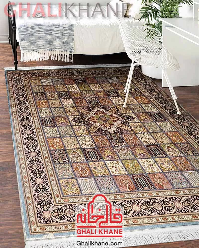 فرش ماشینی زمرد مشهد طرح خشتی کد 25017 آبی