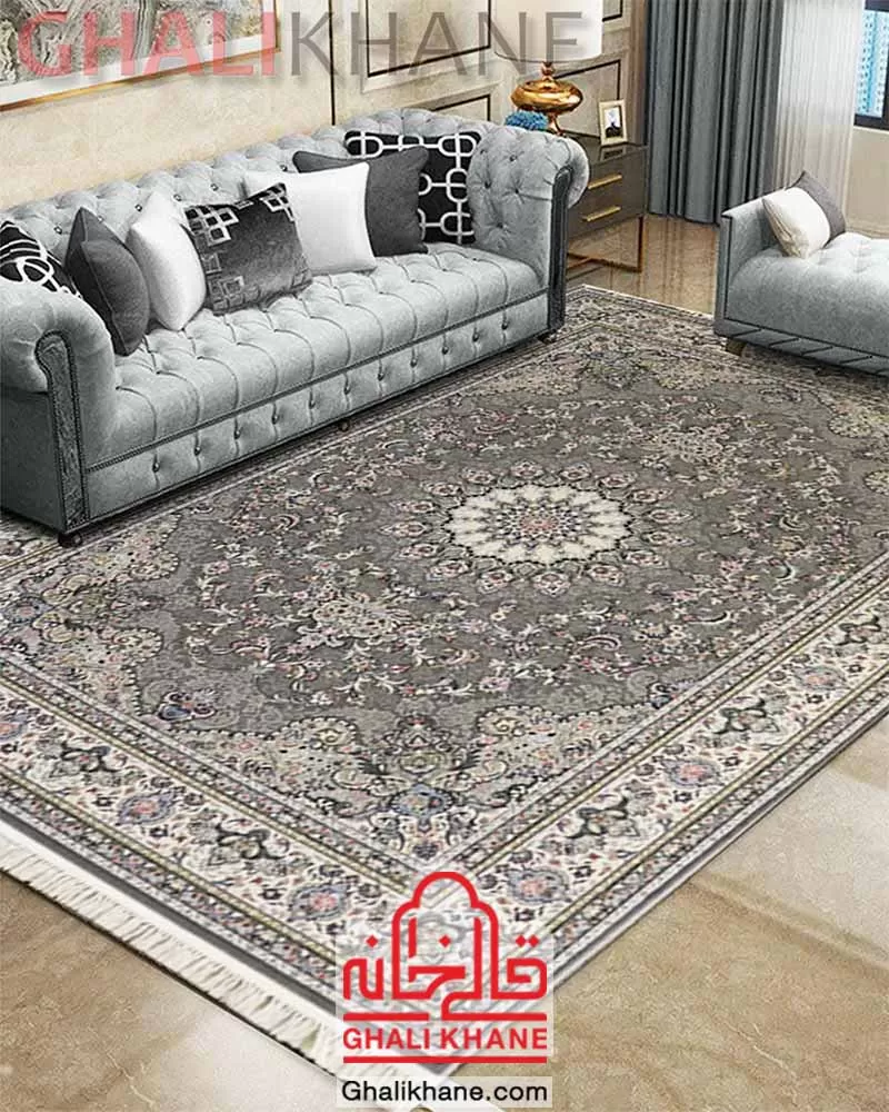 فرش زمرد مشهد 700 شانه گل برجسته کد 30003 دودی