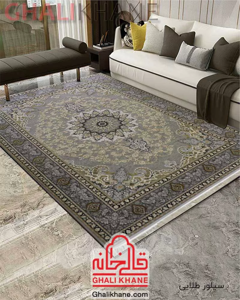 فرش زمرد مشهد 700 شانه گل برجسته کد 30003 سیلور طلایی