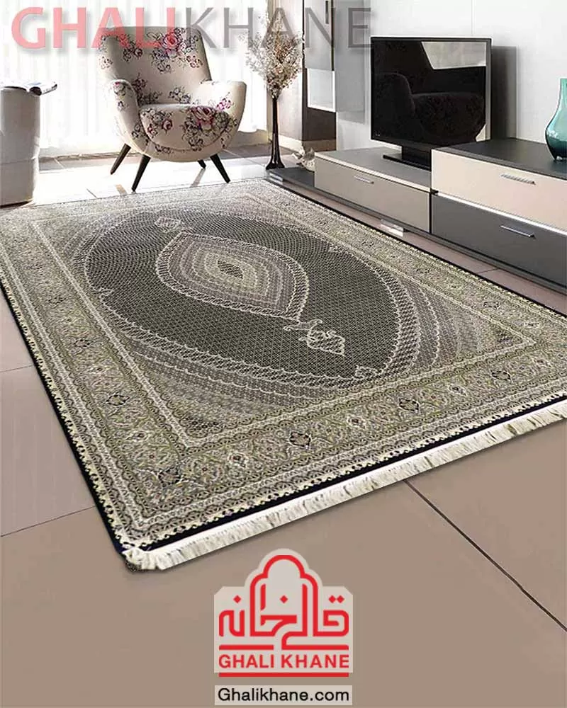 فرش زمرد مشهد 1200 شانه طرح ریز ماهی کد 23001 سرمه ای