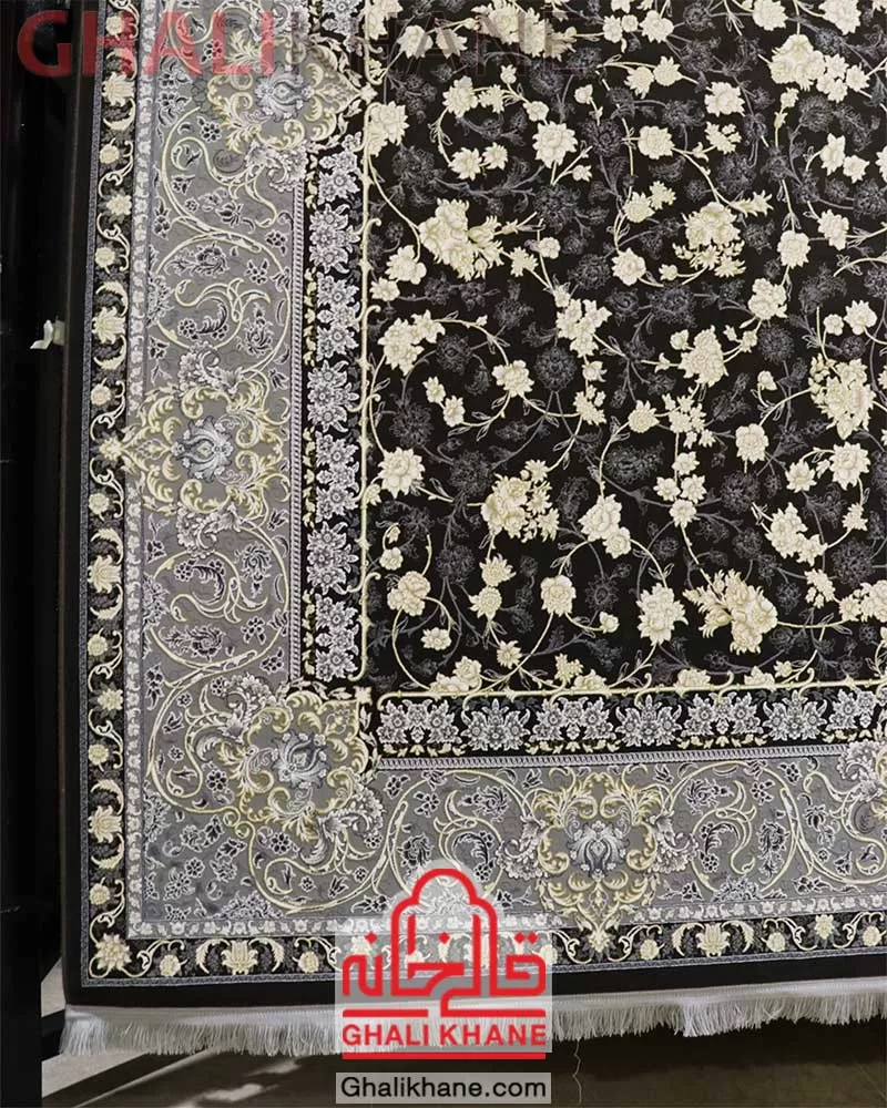 فرش زمرد مشهد طرح افشان 1200 شانه گل برجسته کد 23009 الماسی تیره