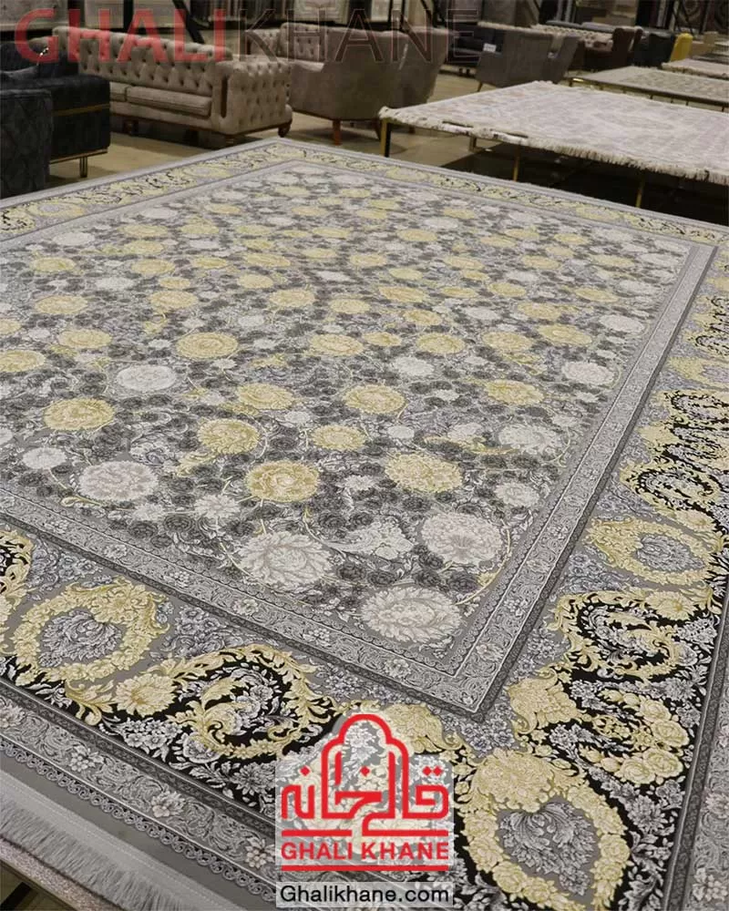 فرش زمرد مشهد طرح افشان طلاکوب گل برجسته کد 23010 الماسی روشن