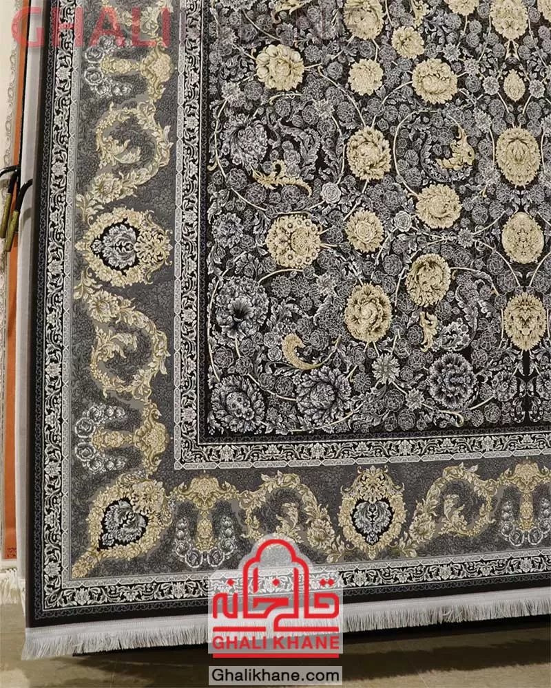 فرش زمرد مشهد طرح افشان طلاکوب گل برجسته کد 23010 الماسی تیره