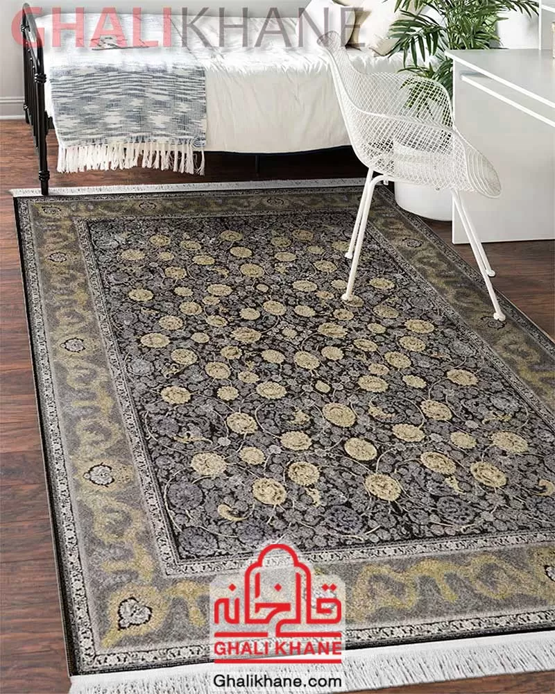 فرش زمرد مشهد طرح افشان طلاکوب کد 24008 الماسی تیره
