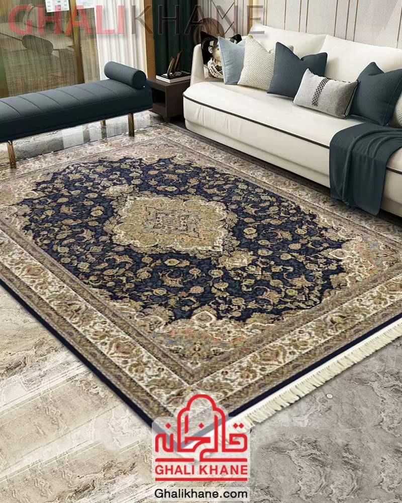 فرش زمرد مشهد کد 45001 طرح سالاری آبی تیره 1500 شانه