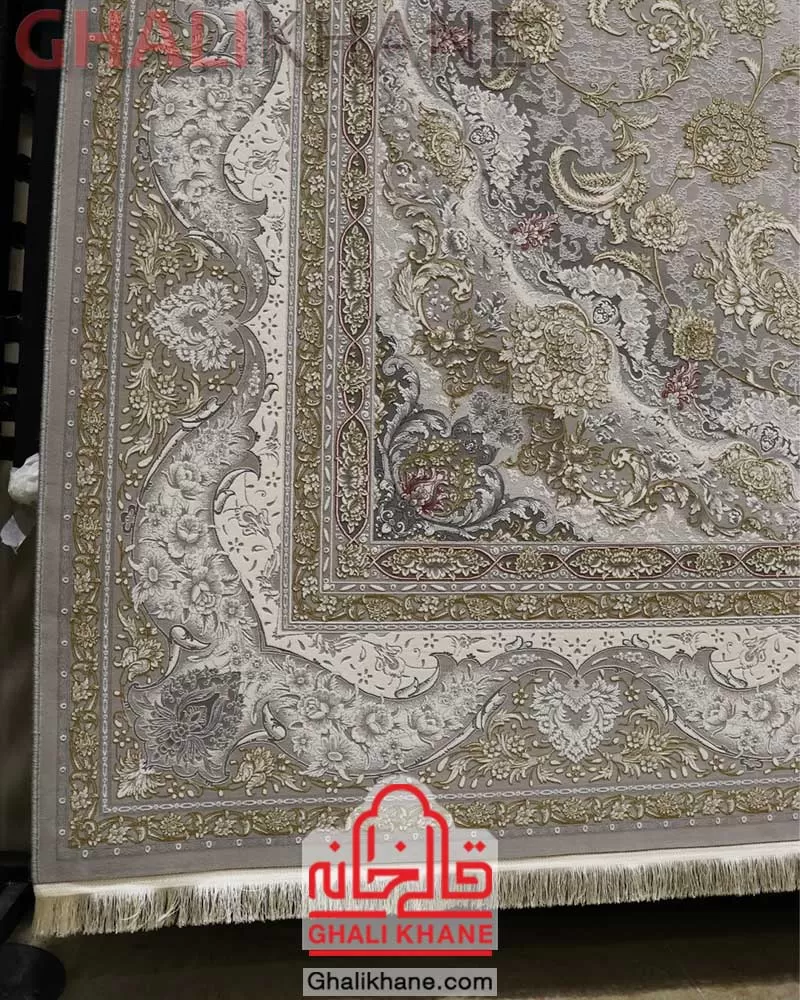 فرش ۱۵۰۰ شانه گل برجسته نگین مشهد کد ۱۵۰۵ نقره ای