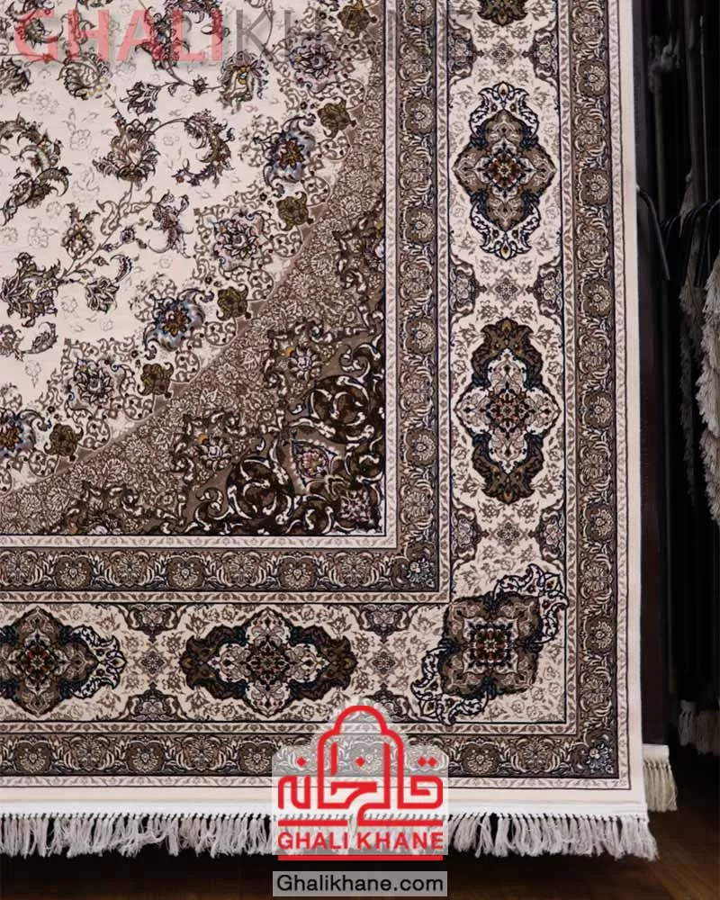 فرش ماشینی زمرد مشهد 1200 شانه کد 22008 کرم