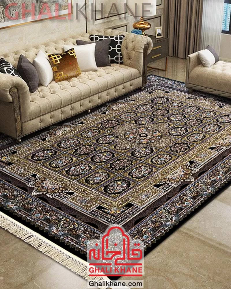 فرش مشهد طرح خشتی 1500 شانه کد 815050 سرمه ای