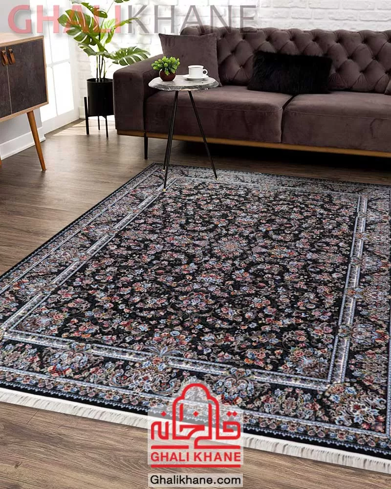 فرش طرح افشان 1500 شانه مشهد کد 815052 مشکی