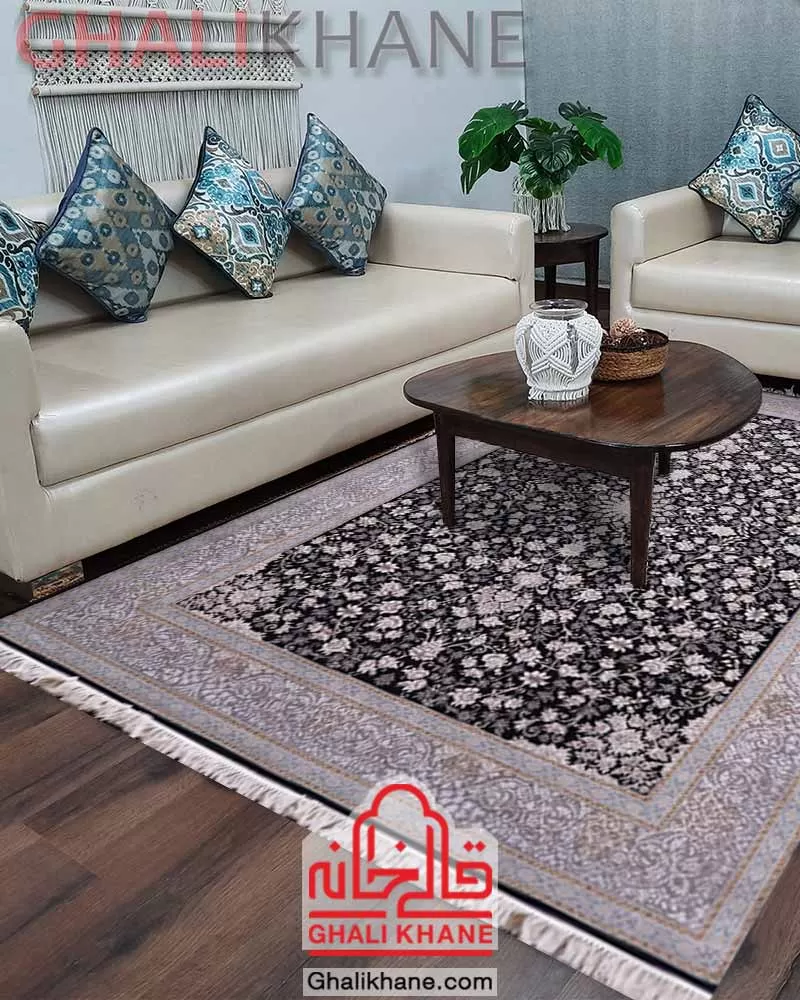 فرش زمرد مشهد 700 شانه طرح افشان سرمه ای کد 28001