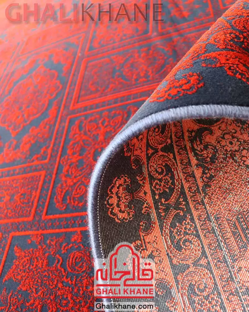 فرش تهران 1200 شانه طرح خشتی سرمه‌ای لاکی قالیخانه