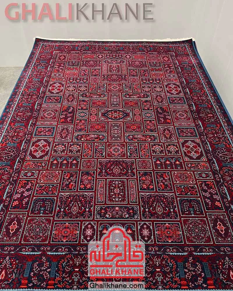 فرش تهران 1200 شانه طرح خشتی سرمه‌ای لاکی کاربنی قالیخانه