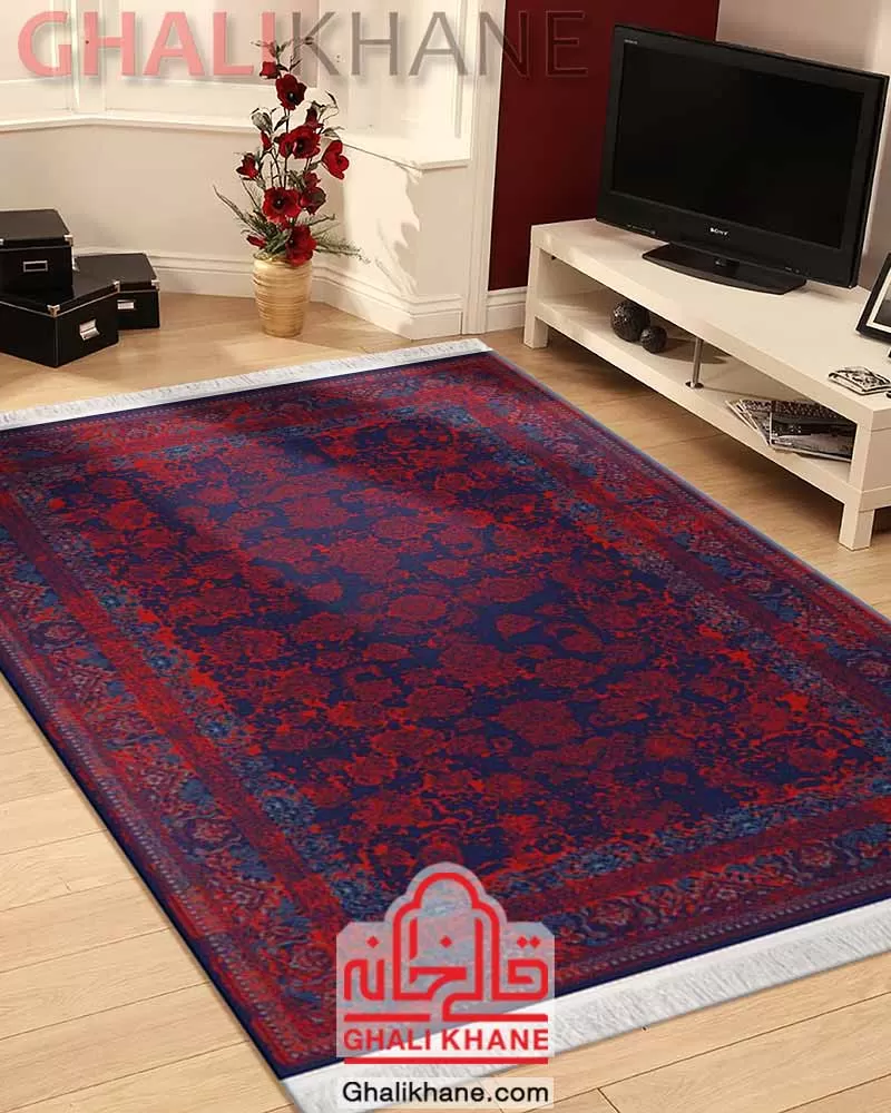 فرش تهران 1200 شانه طرح لاوین سرمه‌ای لاکی کاربنی قالیخانه