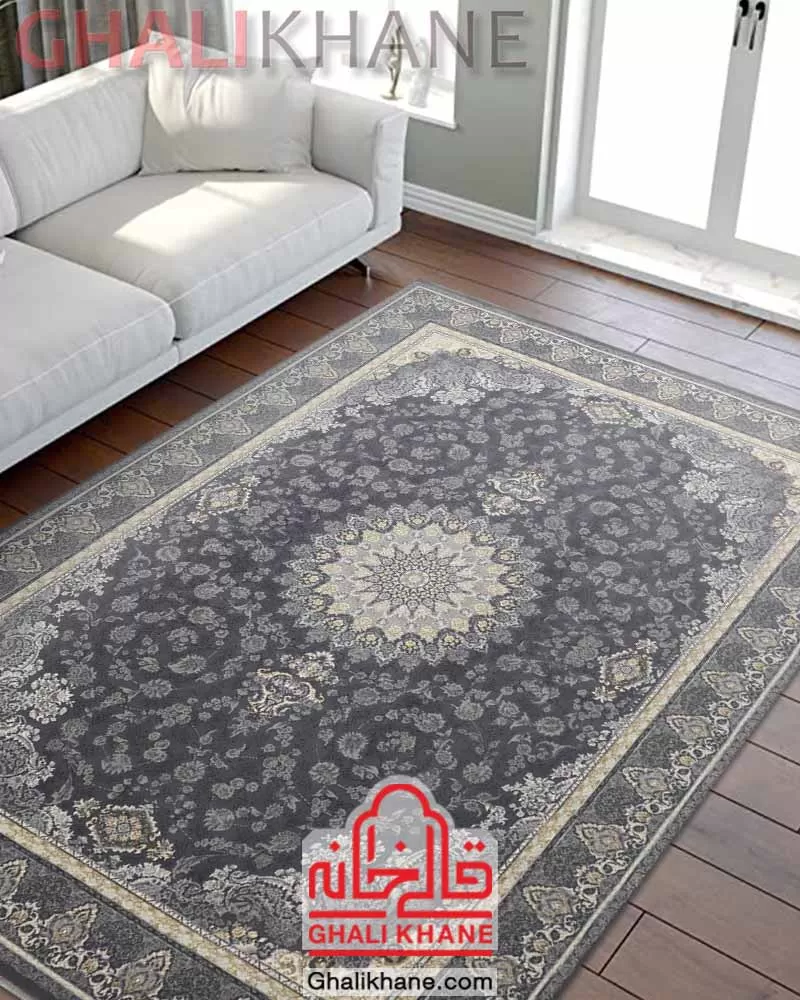 فرش تهران 1200 شانه طرح آراگل طلاکوب طوسی قالیخانه