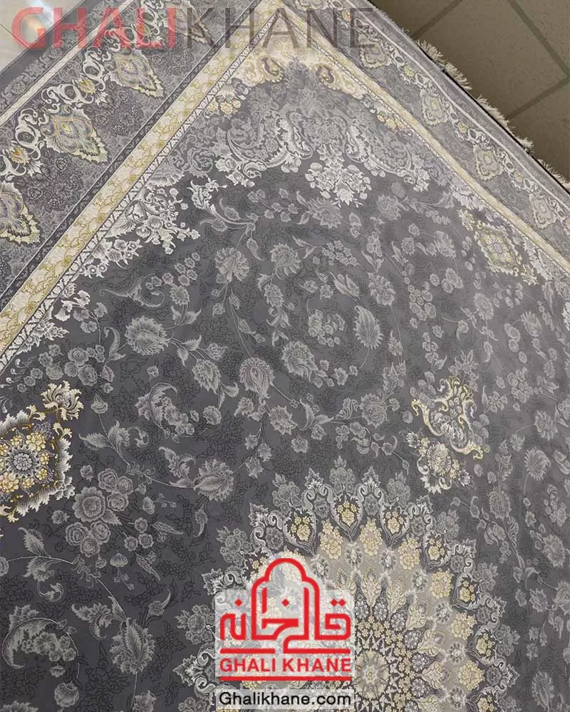 فرش تهران 1200 شانه طرح آراگل طلاکوب طوسی قالی خانه