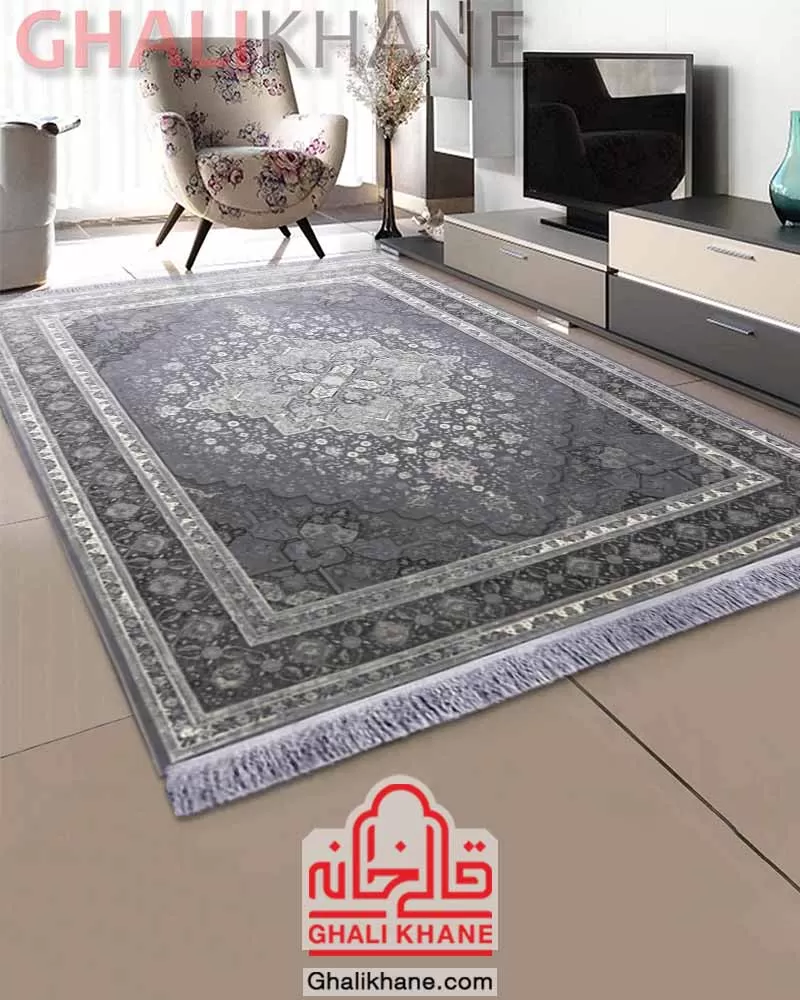 فرش تهران 1200 شانه طرح هریس نقره‌کوب طوسی قالیخانه