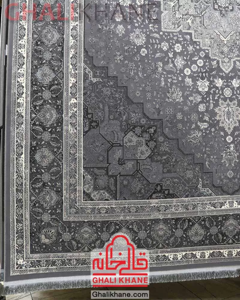 خرید آنلاین  فرش تهران 1200 شانه طرح هریس نقره‌کوب طوسی