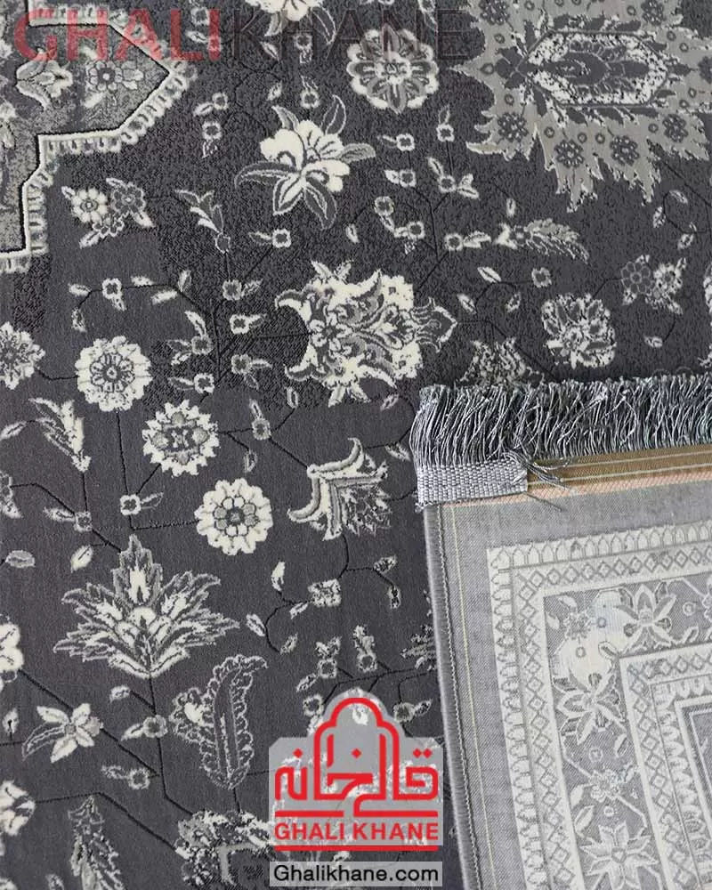 نمایندگی  فرش تهران 1200 شانه طرح هریس نقره‌کوب طوسی