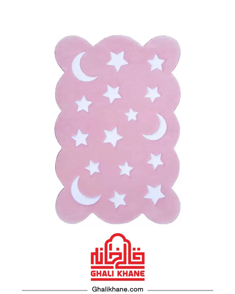 فرش فانتزی کودک زرباف طرح ماه و ستاره صورتی