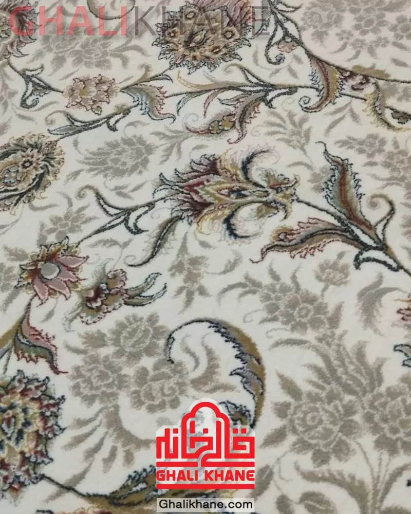 فرش زمرد مشهد 1500 شانه کد 45004 طرح افشان کرم نسکافه‌ای