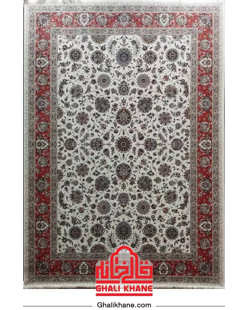 فرش زمرد مشهد 1500 شانه کد 46001 طرح افشان کرم حاشیه پیازی