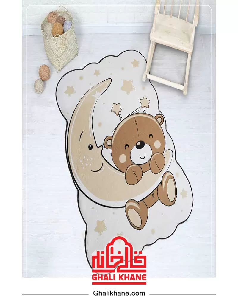 فرش فانتزی کودک زرباف طرح خرس و ماه شکلاتی