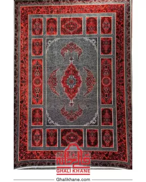 فرش تهران کلکسیون آوانگارد 1200 شانه طرح کتیبه دودی لاکی مسی