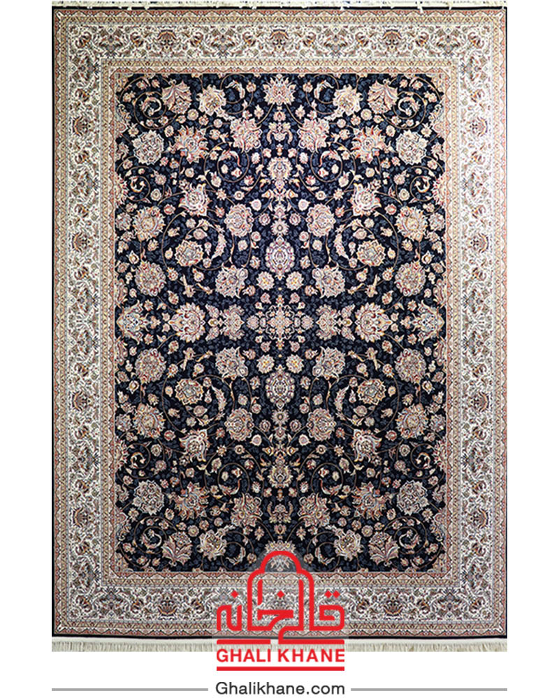 فرش زمرد مشهد 700 شانه کد 25010 سرمه ای حاشیه کرم