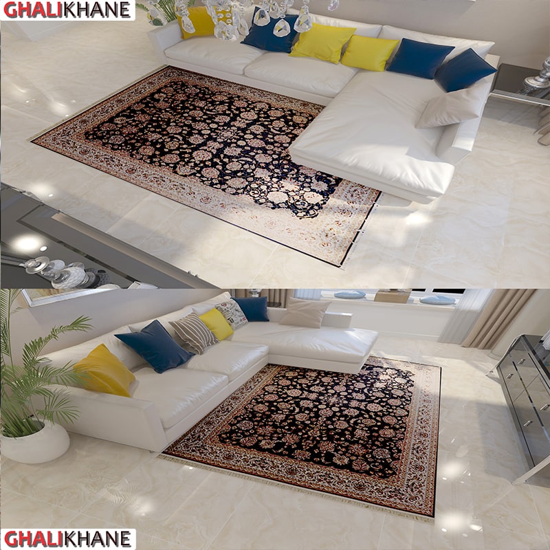 فرش زمرد مشهد 700 شانه کد 25010 سرمه ای حاشیه کرم