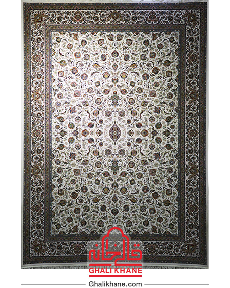 فرش زمرد مشهد 1500 شانه کد 45000 طرح افشان کرم حاشیه کرم