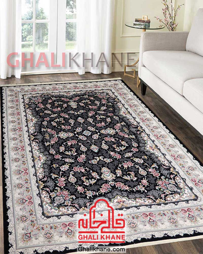 فرش ماشینی کاشان 700 شانه طرح ثریا سرمه ای