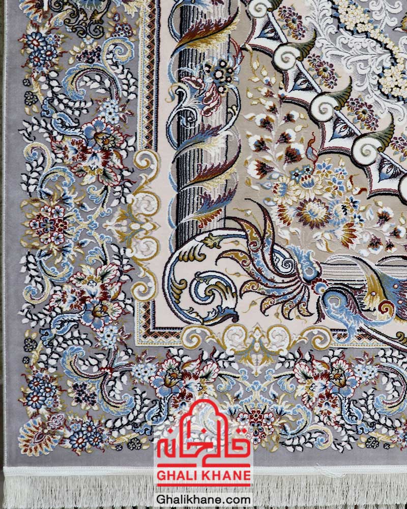 فرش ماشینی کاشان 700 شانه طرح آدونیس نقره ای