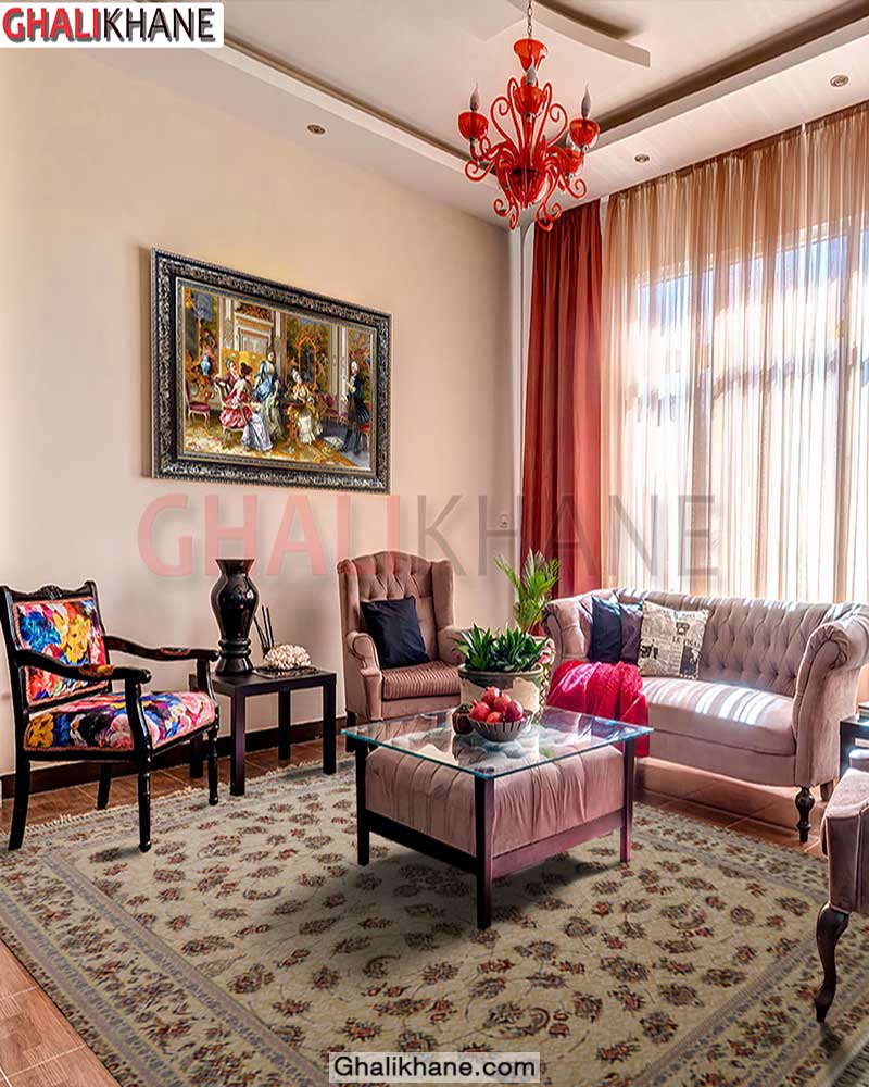 فرش ماشینی تهران 1200 شانه طرح افشان گل سرخ کرم فیلی