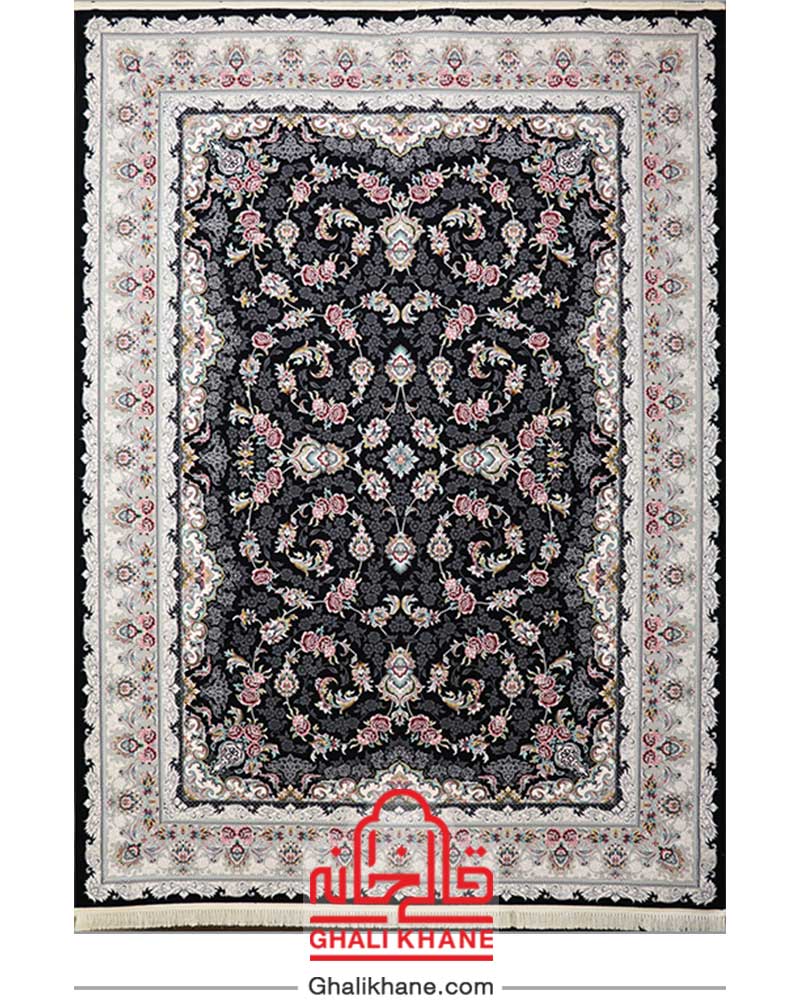 فرش ماشینی کاشان 700 شانه طرح ثریا سرمه ای