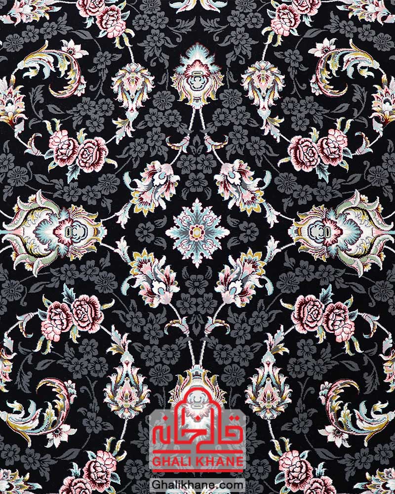 فرش ماشینی کاشان 700 شانه طرح ثریا سرمه ای