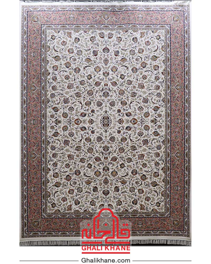 فرش زمرد مشهد کد 45000 کرم حاشیه صورتی