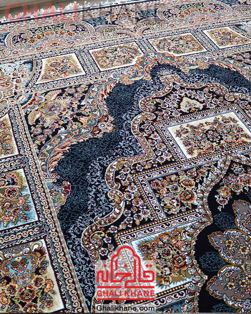 فرش مشهد 700 شانه کد 872121 طرح حوض نقره سرمه ای