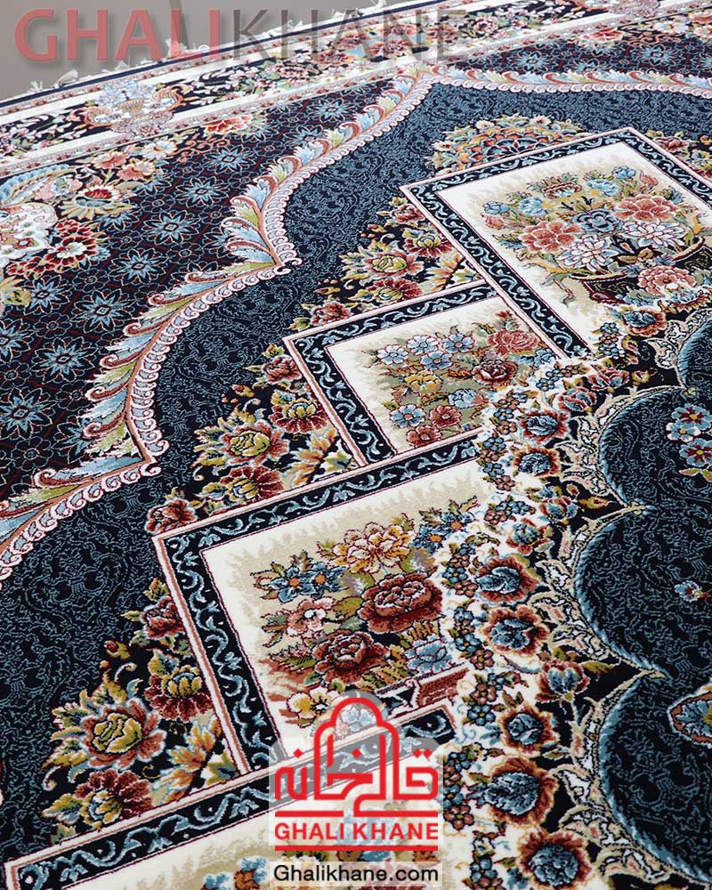 فرش مشهد 700 شانه طرح ناردون کد 872366 سرمه ای