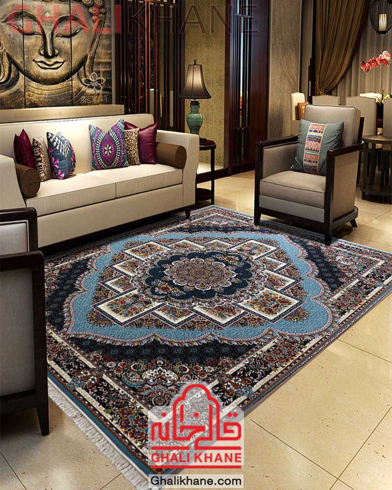 فرش مشهد 700 شانه طرح ناردون کد 872366 آبی