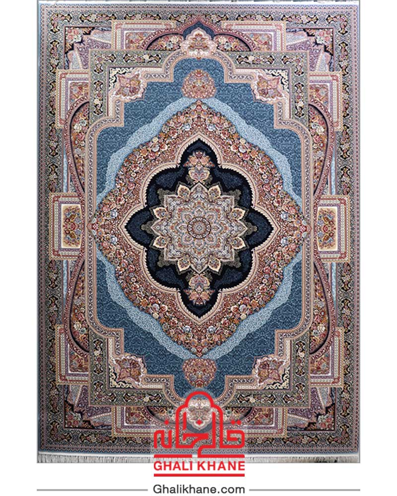 فرش زمرد مشهد طرح باغ معلق کد 25034 آبی