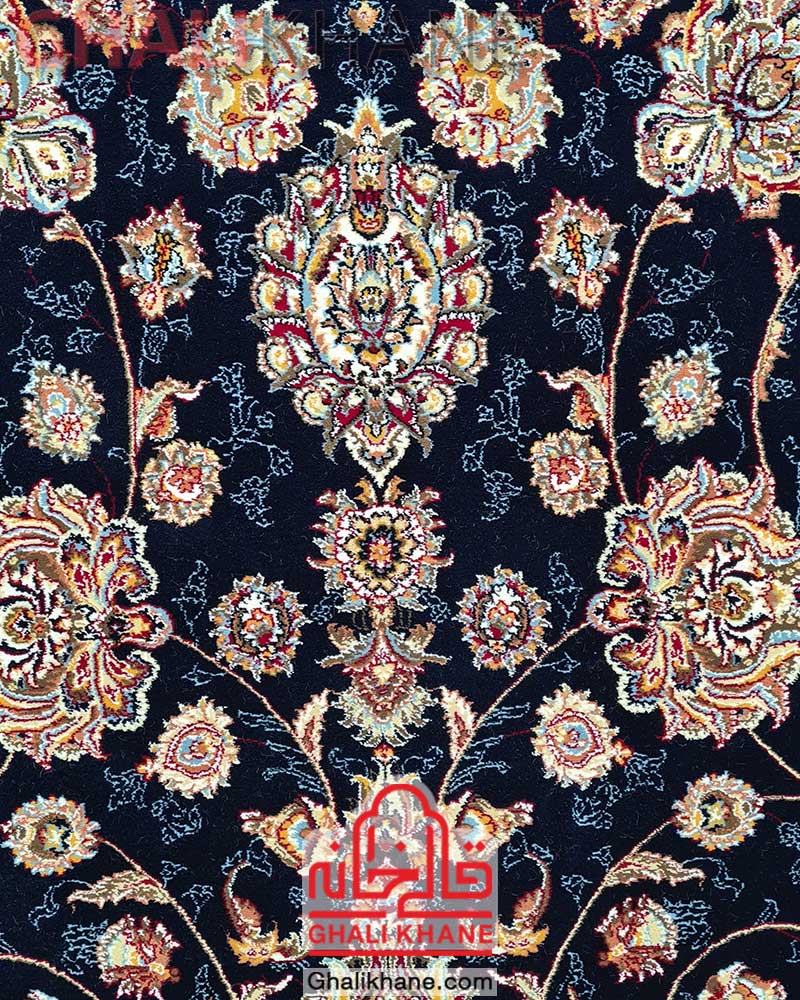 فرش زمرد مشهد کد 25010 سرمه ای حاشیه لاکی